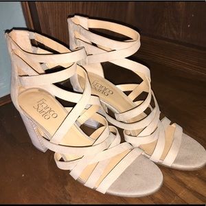 Franco Sarto tan strappy high wedge shoes